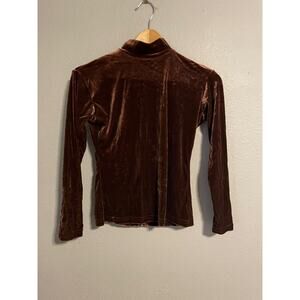 Vintage Womens Top Small Brown Velvet Long Sleeve Mock Neck Stretch Grunge 90s